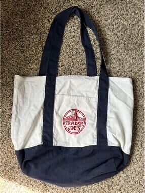 Trader Joe's Canvas Tote Bag with Navy Blue Straps and Bottom